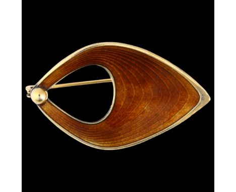 JEMAX - a a Danish modernist vermeil sterling silver and brown enamel openwork abstract brooch, designed by Karin Pedersen, 4