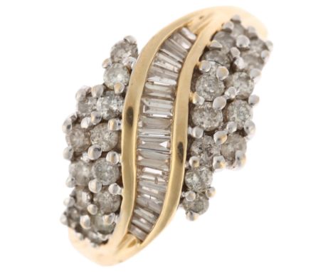 A 14ct gold diamond crossover dress ring, set with baguette and modern round brilliant-cut diamonds, total diamond content ap