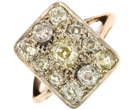 An Art Deco 18ct gold diamond cluster panel ring, pave set with old-cut diamonds, total diamond content approx 1.25ct, colour