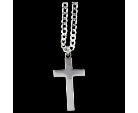 A modern sterling silver cross pendant necklace, on sterling flat curb link chain, pendant 43.4mm, chain 54cm, 18.5gNo damage