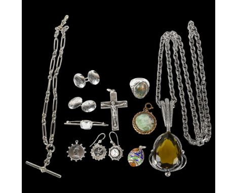 Various jewellery, including silver moss agate ring, enamel egg pendant, Albert chain, cross pendant etcLot sold as seen unle