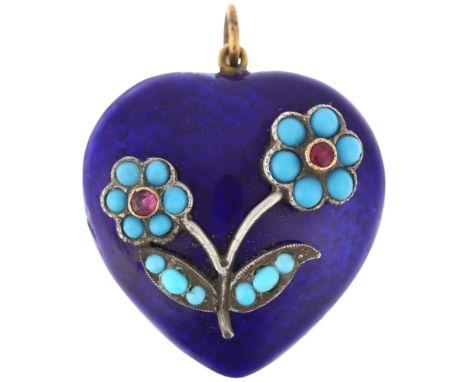 A fine ruby turquoise and blue enamel floral heart pendant, central floral motif on blue enamel ground, apparently unmarked, 