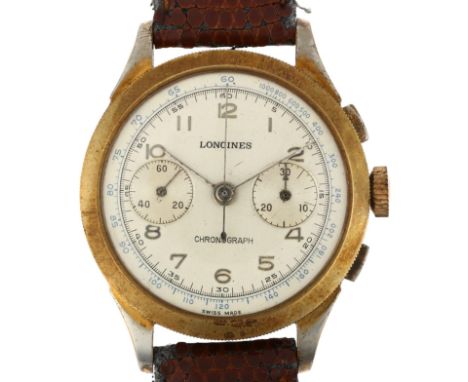 LONGINES - a Vintage gold plated mechanical chronograph wristwatch, ref. 8035-2, circa 1960s, silvered dial with applied Arab