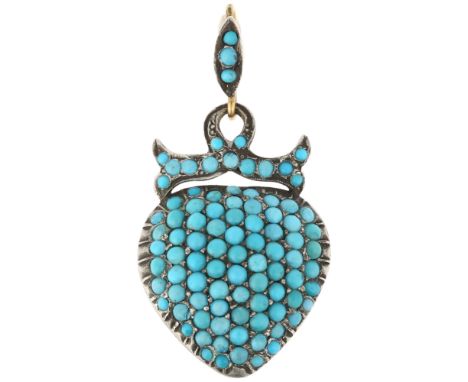 A fine turquoise heart drop pendant, pave set with round cabochon turquoise, apparently unmarked, 47.2mm, 9g No damage, all s