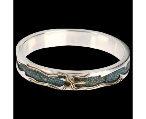 CLIVE & CLARISSA COOKE - a sterling silver 18ct gold overlaid shark skin shagreen slave bangle, maker C&CC, London 1976, plai