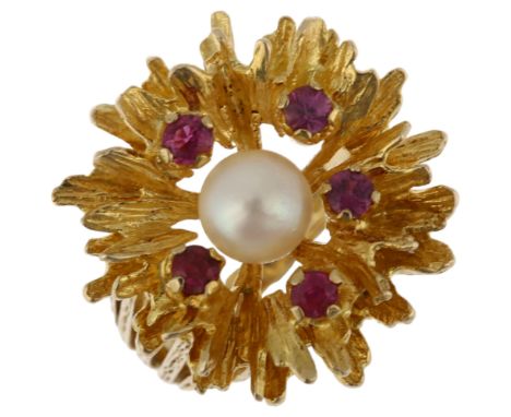 A mid-20th century 9ct gold whole pearl and ruby naturalistic abstract dress ring, maker HB, London 1969, setting height 21.4