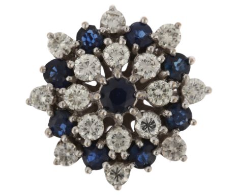 An 18ct white gold sapphire and diamond snowflake cluster ring, set with round-cut sapphire and modern round brilliant-cut di