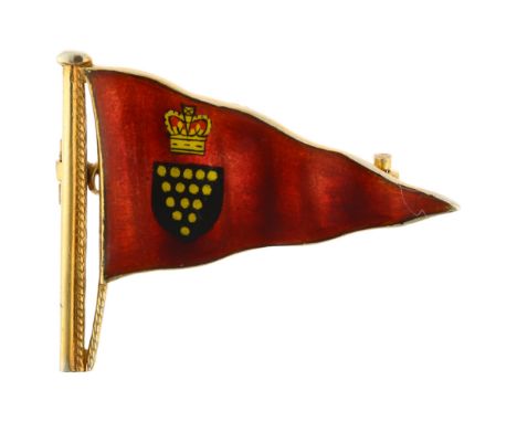 A 9ct gold enamel Royal Fowey Yacht Club flag brooch, maker JWB, Birmingham 1970, 33.9mm, 6.8gNo damage or repair, a few ligh