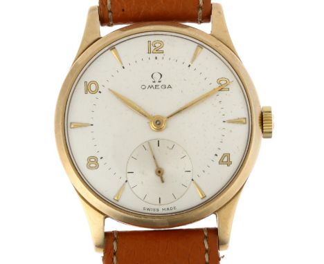 OMEGA - a Vintage 9ct gold mechanical wristwatch, ref. 13322, circa 1947, silvered dial with gilt eighthly Arabic numerals, l