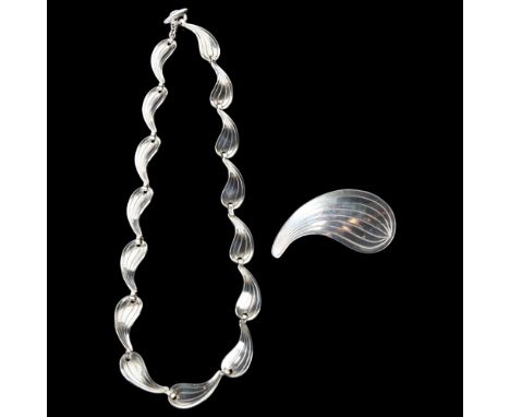 HERMANN SIERSBOL - a Danish modernist sterling silver teardrop panel necklace and brooch set, necklace 43cm, brooch 60.1mm, 3