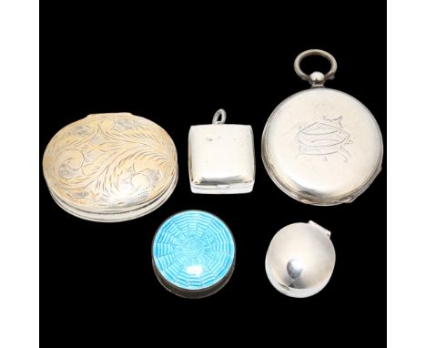 Various silver, including blue enamel spider pillbox, Birmingham 1909, 3cm, pocket watch, etc (5)Lot sold as seen unless spec