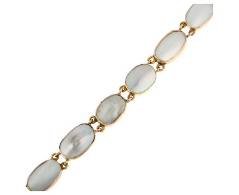 An Antique 9ct rose gold blister pearl line bracelet, each panel rub-over set with oval pearl with closed-back settings, 18.5