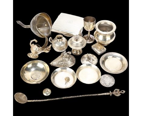 Various silver and white metal, including cigarette box, Egyptian miniature oil lamp, 1780 coin, etcLot sold as seen unless s