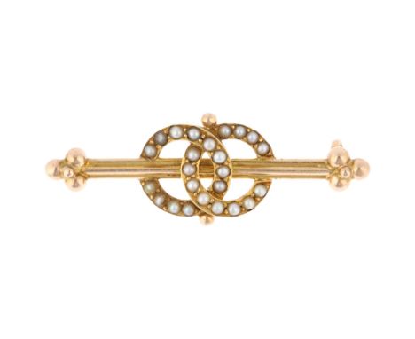 A late Victorian split pearl double hoop bar brooch, circa 1900, apparently unmarked, 42.9mm, 3.5gNo damage or repair, all st