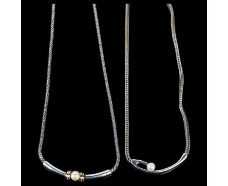 2 Danish sterling silver and cultured pearl necklaces, makers include Aagaard and Jorgen Sandberg, both 42cm, 28g total (2)No