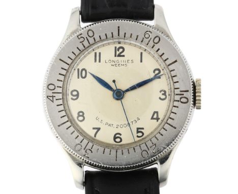 LONGINES - a rare stainless steel Weems Pilot's mechanical wristwatch, circa 1940s, silvered dial with black Arabic numerals,