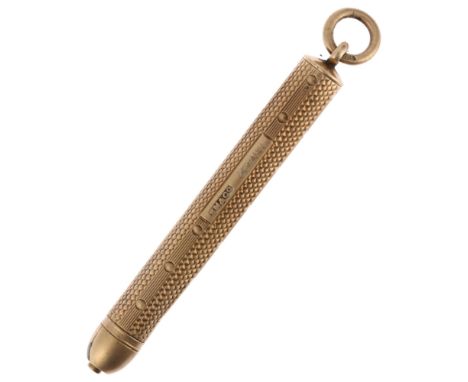 SAMPSON MORDAN & CO - an early 20th century 9ct gold propelling pencil, circa 1902, allover engine turned decoration, closed 