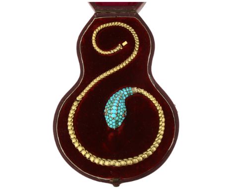 A fine Victorian turquoise and garnet snake necklace, circa 1860, the large head pave set with cabochon turquoise, cabochon g