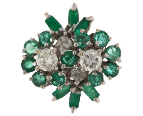 A late 20th century emerald and diamond floral cocktail ring, set with baguette and round-cut emeralds and modern round brill