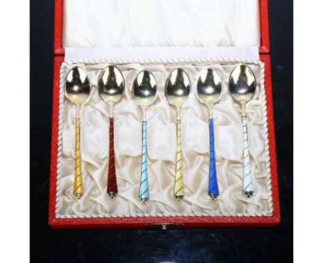 EGON LAURIDSEN - a set of 6 Danish vermeil sterling silver and harlequin enamel coffee spoons, 9.5cmNo damage or repair, no e