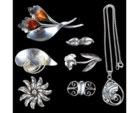 Various Danish modernist silver jewellery, makers include Ulrich, comprising 6 brooches and 1 pendant necklace, largest 81.1m