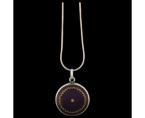 A Scandinavian sterling silver and purple enamel photo locket pendant necklace, engine turned guilloche enamel with gilded fo