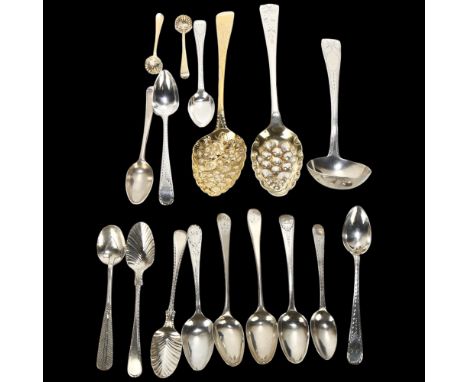 A group of Antique silver flatware, including George IV silver-gilt berry spoon, shell salt spoon, etc, 10.8oz totalLot sold 