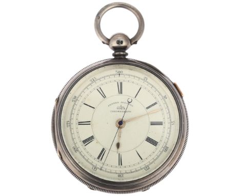 A 19th century silver open-face key-wind doctor's type centre seconds chronograph pocket watch, white enamel dial with Roman 