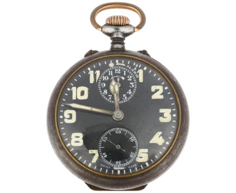 ZENITH - a First World War Period gun-metal open-face keyless alarm pocket watch, black dial with luminous Arabic numerals, c