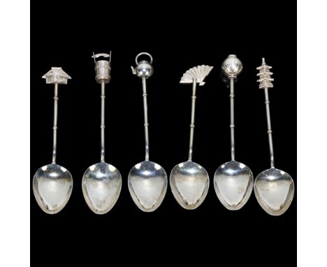 A set of 6 Japanese sterling silver coffee spoons, each with novelty terminal, including well bucket, pagoda, lantern, fan, e