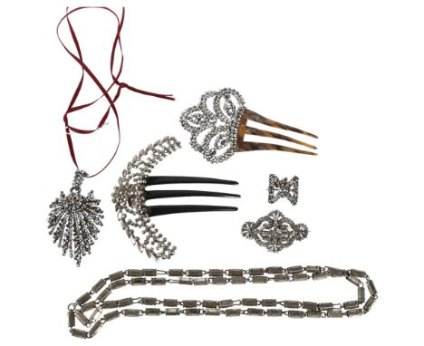 A group of Georgian cut-steel jewellery, including bar link necklace, 88cm, large hair clips, pendants, etcLot sold as seen u