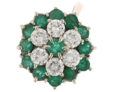 A French 18ct white gold emerald and diamond cluster ring, claw set with round-cut emeralds and modern round brilliant-cut di