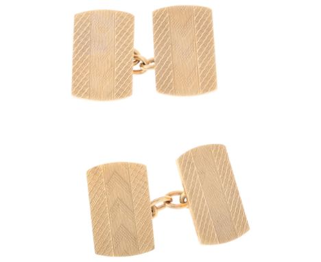A pair of Art Deco 9ct gold rectangular cufflinks, maker HG&S, Chester 1928, engine turned chevron decoration, 17mm, 6.9gNo d
