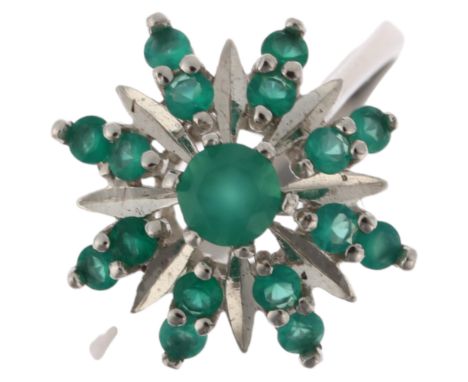 A Continental chrysoprase flowerhead cluster ring, marks on outside shank, setting height 14.4mm, size M, 3gNo damage or repa
