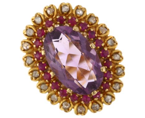 A Portuguese 800 gold amethyst ruby and diamond oval cluster ring, claw set with oval mixed-cut amethysts, round-cut rubies a