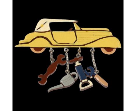 A novelty Vintage car mechanic brooch, in the style of Lea Stein, modelled as a Vintage car suspending various tools, unsigne