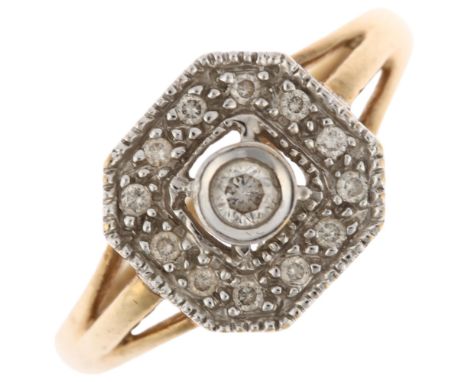A modern 9ct gold diamond cluster ring, set with modern round brilliant-cut diamonds, total diamond content approx 0.25ct, se