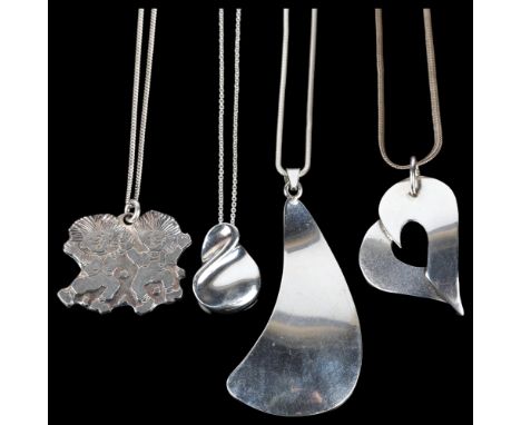 4 Danish silver pendant necklaces, makers include Jens Johs Aagaard, largest pendant 68.3mm, 46.7g total (4)No damage or repa
