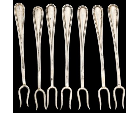 A set of 7 American sterling silver olive/pickle forks, Birks, 7.5cmNo damage or repair, only light surface wear, engraved st