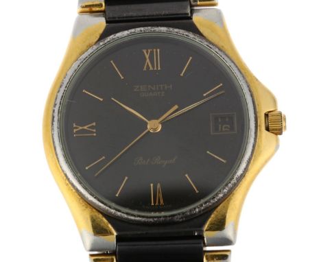 ZENITH - a gold plated stainless steel Port Royal quartz calendar bracelet watch, ref. 85.0150.626, black dial with quarterly