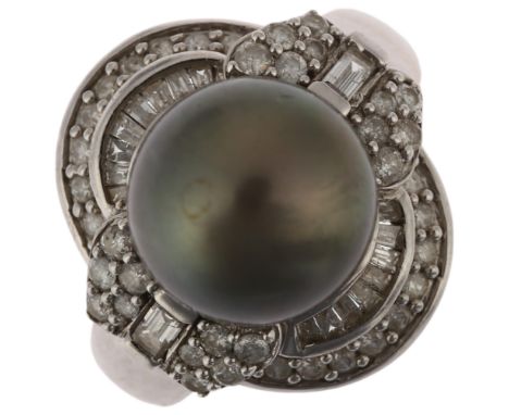 A modern 14ct white gold grey Tahitian pearl and diamond cluster cocktail ring, in Art Deco style, centrally set with 10.9mm 