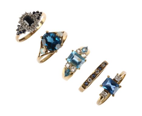 5 x 9ct gold gem set rings, sizes N x 2, P, T and V, 14.4g grossLot sold as seen unless specific item(s) requested 