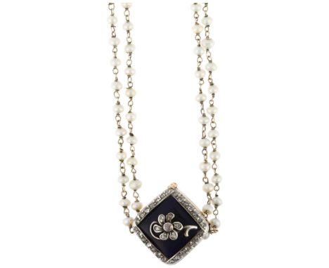 A fine Antique double-row pearl necklace, with original blue enamel rose-cut diamond and split pearl locket type spacer penda