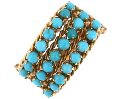 A Continental 18ct gold triple-row turquoise band ring, setting height 11.2mm, size O, 5.1gNo damage, 1 stone slightly darker