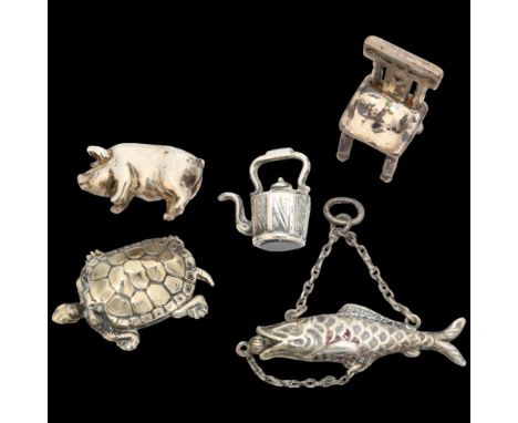 Various miniature novelty silver items, including pig, tortoise box, kettle fob, etc (5)General wear to high points with a fe