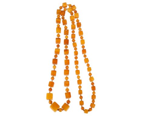 A single-strand graduated butterscotch amber cube bead necklace, beads measure: 13.9-7.2mm, 88cm, 41gA few beads have very li