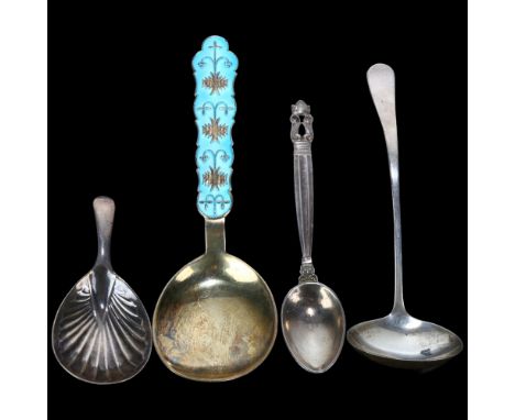 4 silver spoons, including George III tea caddy spoon, Georg Jensen Danish Kongens coffee spoon, Tostrup enamel preserve spoo