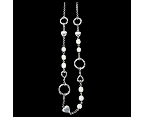 RAUFF APS - a modern Danish sterling silver cultured pearl heart spacer link chain necklace, 46cm, 23.1gNo damage or repair, 