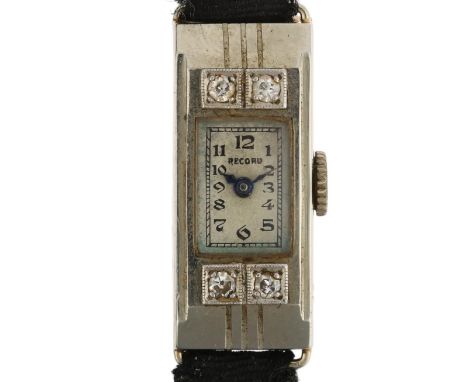 RECORD - a lady's Art Deco 18ct white gold diamond cocktail mechanical wristwatch, silvered dial with hand painted Arabic num