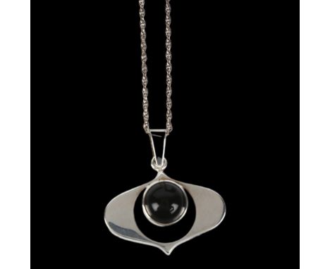 A Finnish modernist sterling silver and onyx openwork onion pendant necklace, on sterling Prince of Wales link chain, pendant